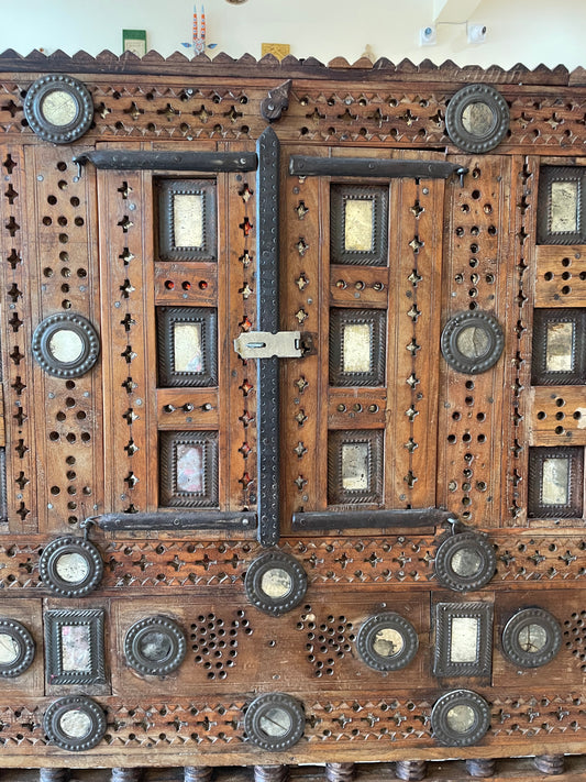 Old Gujarat Kutch Wooden Damchiya with Mirror Inlay with Traditional Chor Khana / Secret Storage