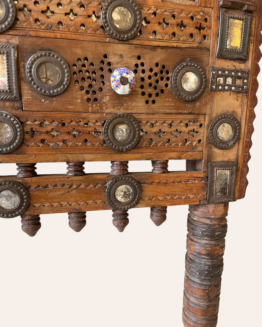 Old Gujarat Kutch Wooden Damchiya with Mirror Inlay with Traditional Chor Khana / Secret Storage
