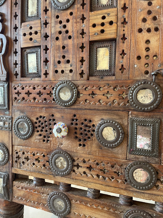 Old Gujarat Kutch Wooden Damchiya with Mirror Inlay with Traditional Chor Khana / Secret Storage