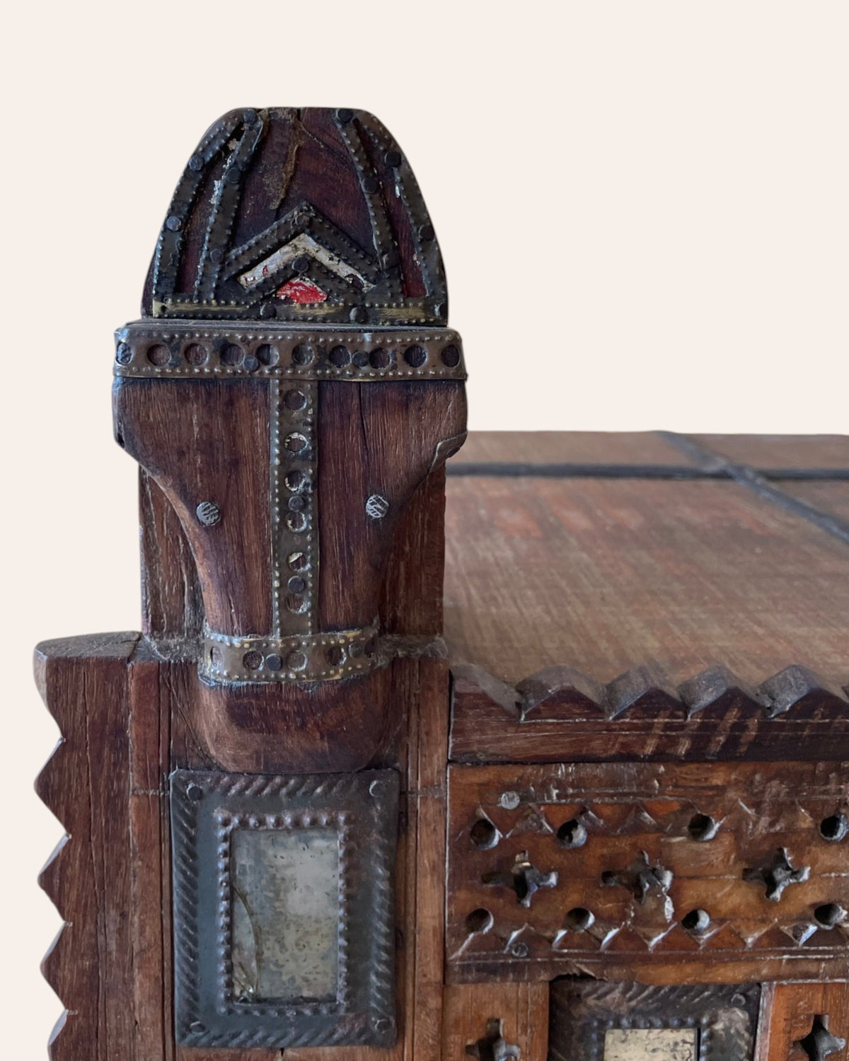 old gujarat kutch wooden damchiya with mirror inlay with traditional chor khana / secret storage