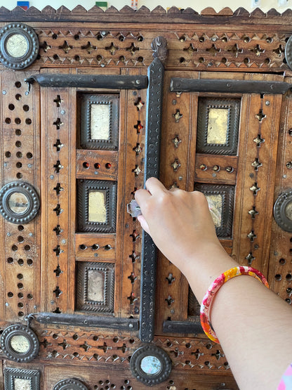 Old Gujarat Kutch Wooden Damchiya with Mirror Inlay with Traditional Chor Khana / Secret Storage