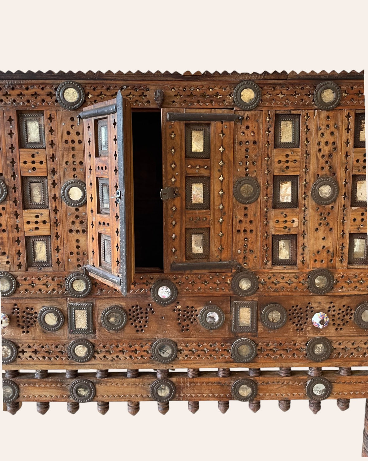 old gujarat kutch wooden damchiya with mirror inlay with traditional chor khana / secret storage