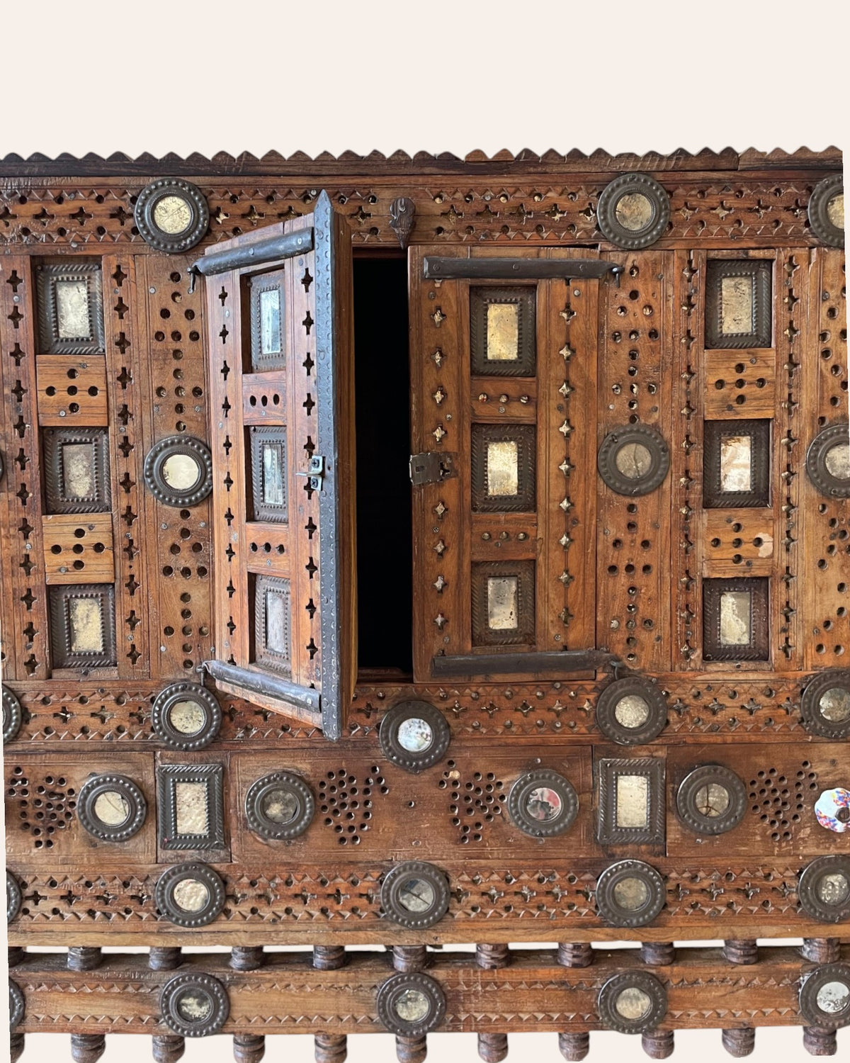 old gujarat kutch wooden damchiya with mirror inlay with traditional chor khana / secret storage