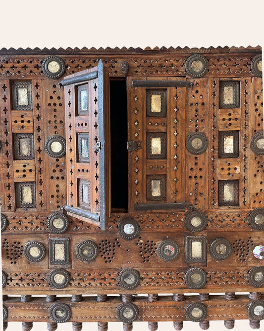 Old Gujarat Kutch Wooden Damchiya with Mirror Inlay with Traditional Chor Khana / Secret Storage