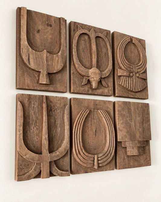 Naga-Inspired Carved Wooden Wall Décor Panels – Set of 6 / Natural Brown Finish