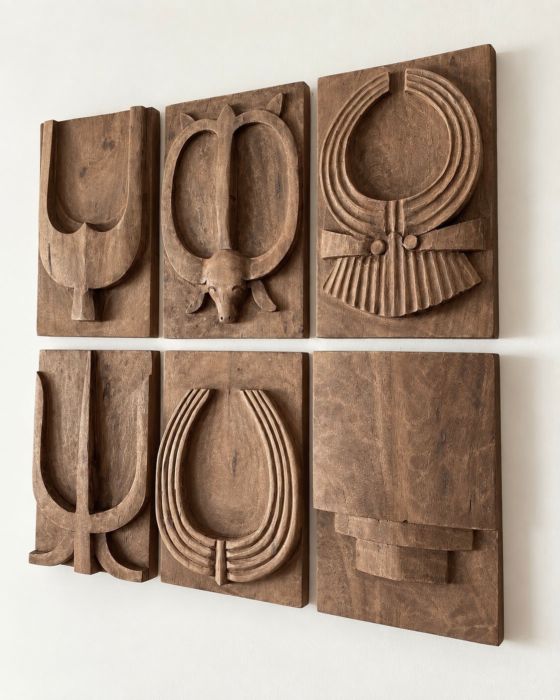 naga-inspired carved wooden wall décor panels – set of 6 / natural brown finish