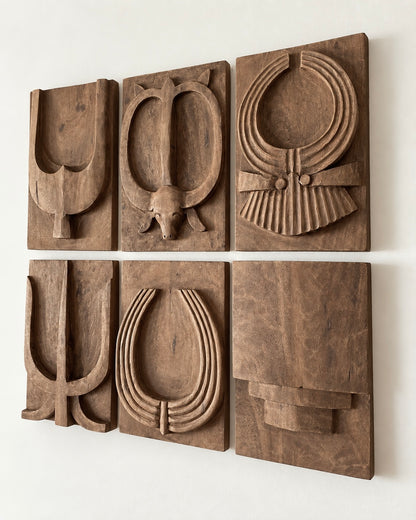 Naga-Inspired Carved Wooden Wall Décor Panels – Set of 6 / Natural Brown Finish