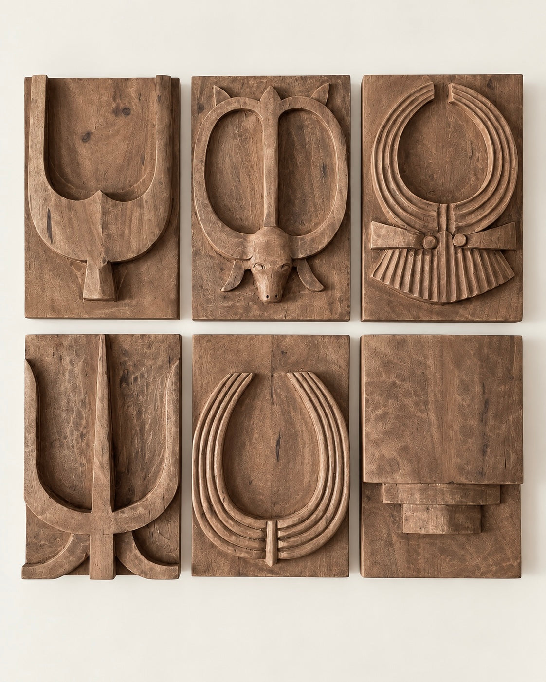 naga-inspired carved wooden wall décor panels – set of 6 / natural brown finish