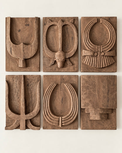 Naga-Inspired Carved Wooden Wall Décor Panels – Set of 6 / Natural Brown Finish