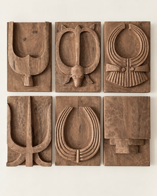 Naga-Inspired Carved Wooden Wall Décor Panels – Set of 6 / Natural Brown Finish