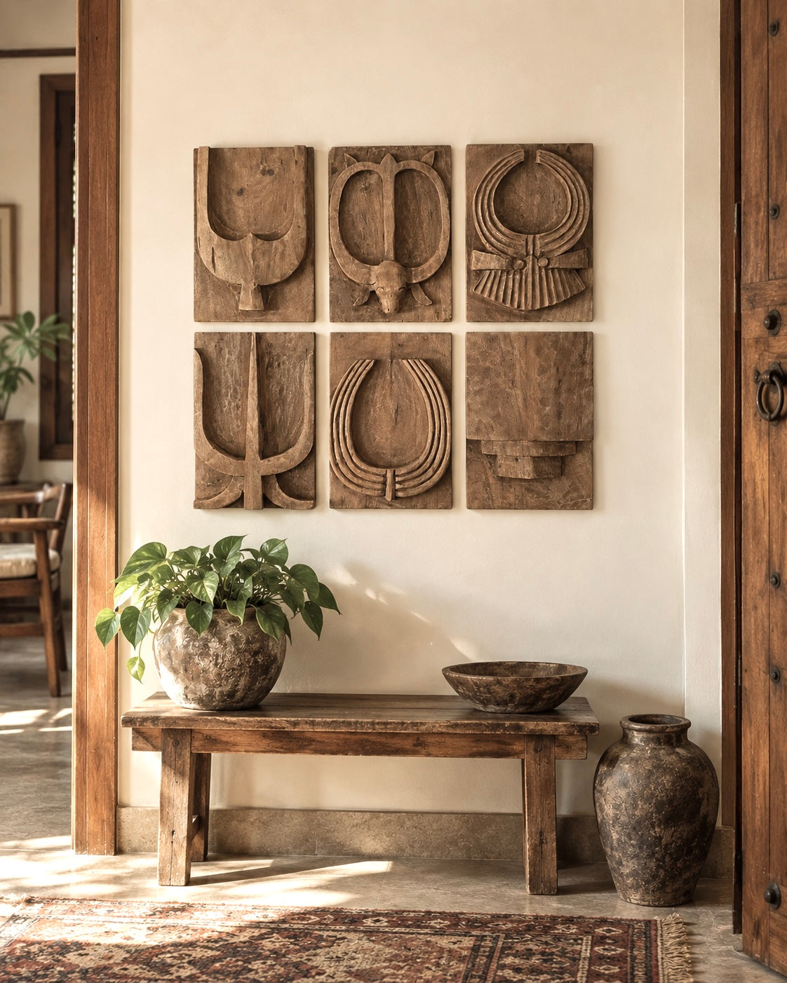 naga-inspired carved wooden wall décor panels – set of 6 / natural brown finish