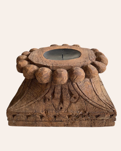 Vintage Hand-Carved Wooden Architectural Pillar Base Candle Holder