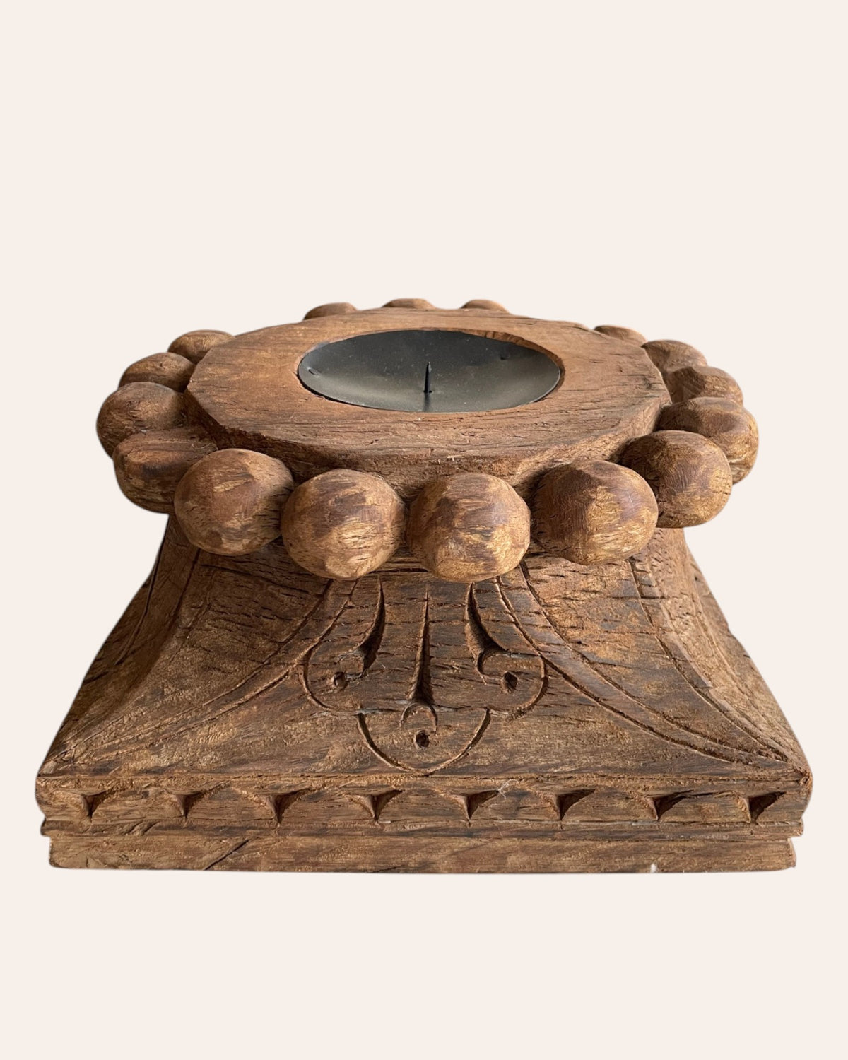 vintage hand-carved wooden architectural pillar base candle holder