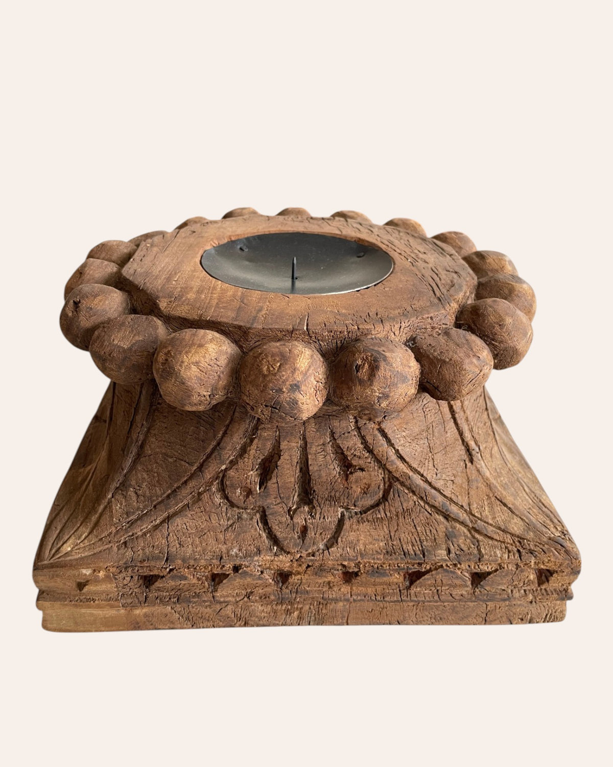 vintage hand-carved wooden architectural pillar base candle holder