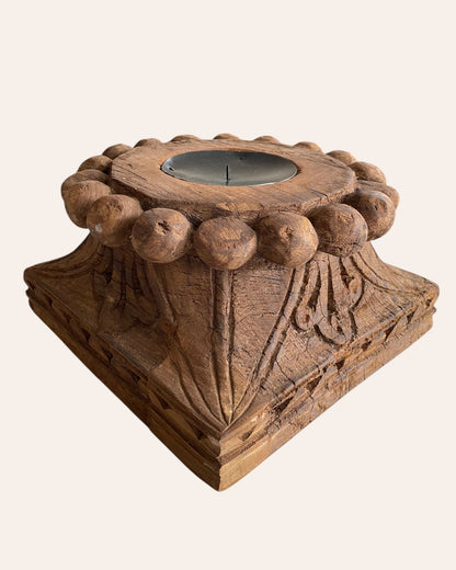 Vintage Hand-Carved Wooden Architectural Pillar Base Candle Holder