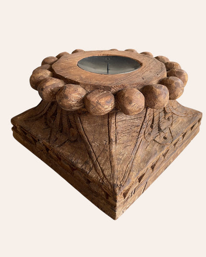 Vintage Hand-Carved Wooden Architectural Pillar Base Candle Holder