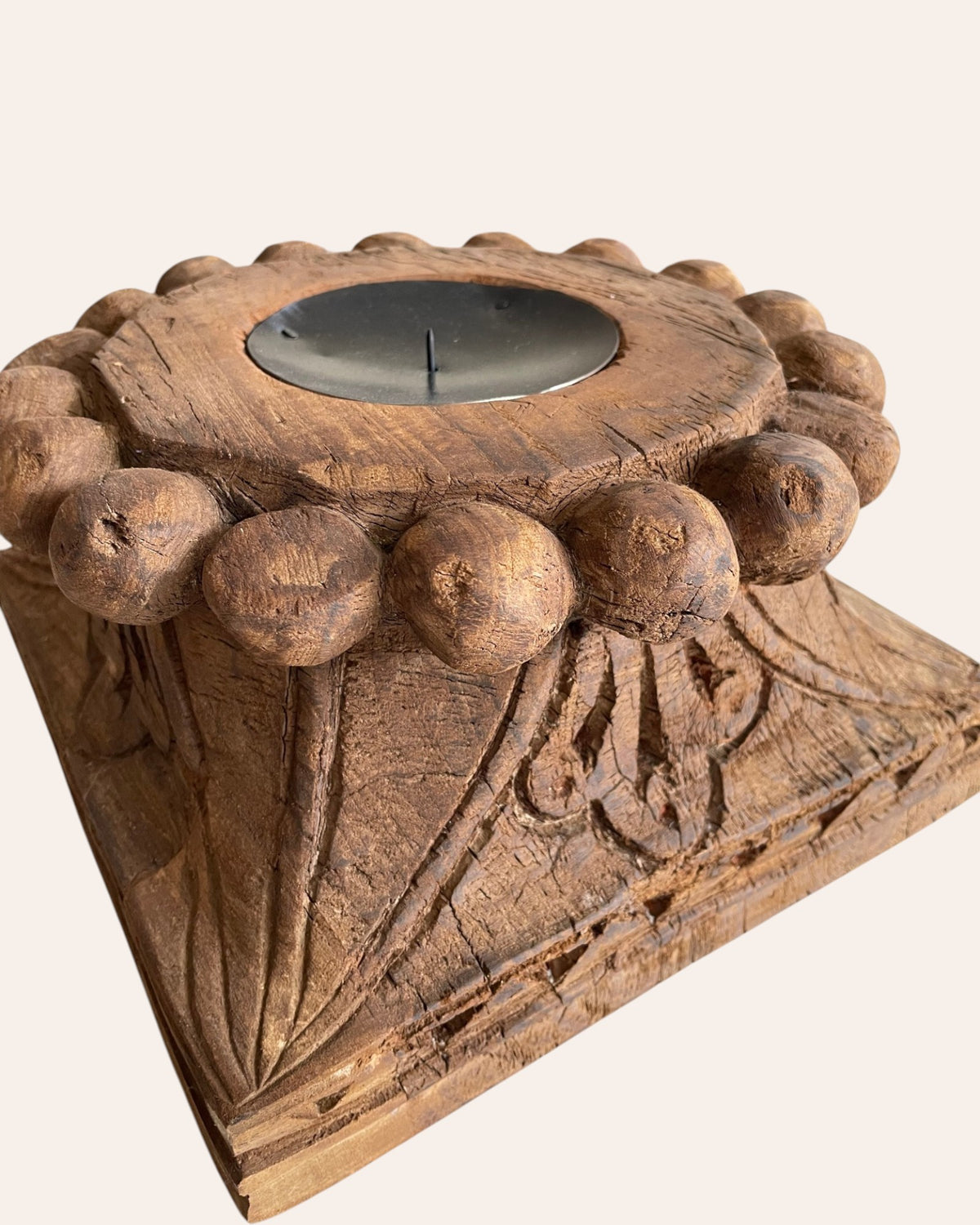 vintage hand-carved wooden architectural pillar base candle holder