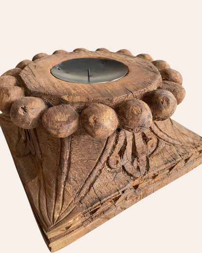 Vintage Hand-Carved Wooden Architectural Pillar Base Candle Holder