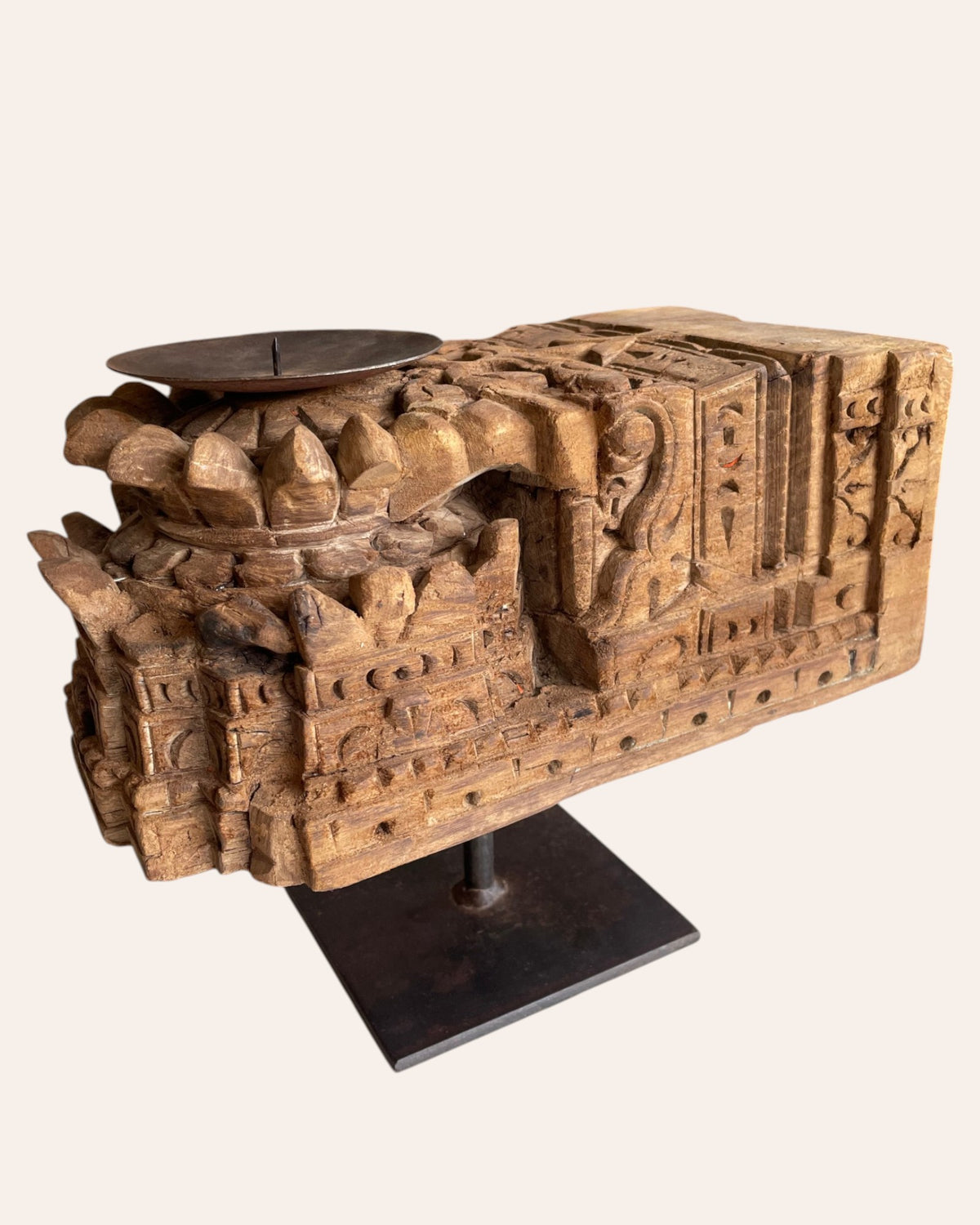vintage hand-carved architectural wooden candle holder on iron stand