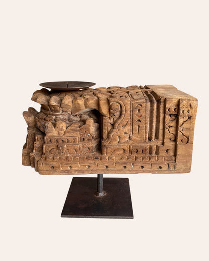 Vintage Hand-Carved Architectural Wooden Candle Holder on Iron Stand