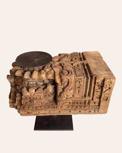 Vintage Hand-Carved Architectural Wooden Candle Holder on Iron Stand
