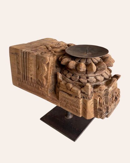 Vintage Hand-Carved Architectural Wooden Candle Holder on Iron Stand