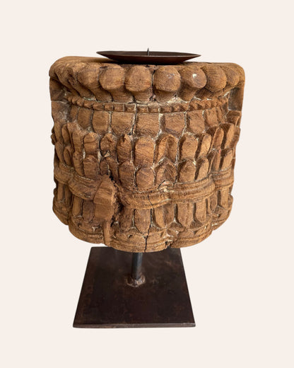 Vintage Wooden Carving Candle Stand on Iron Stand