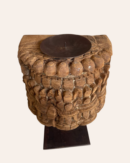 Vintage Wooden Carving Candle Stand on Iron Stand