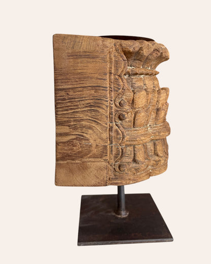 Vintage Wooden Carving Candle Stand on Iron Stand