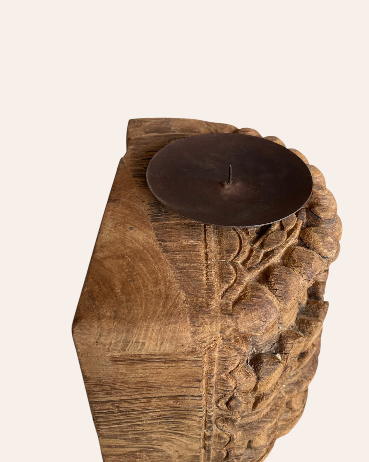 vintage wooden carving candle stand on iron stand