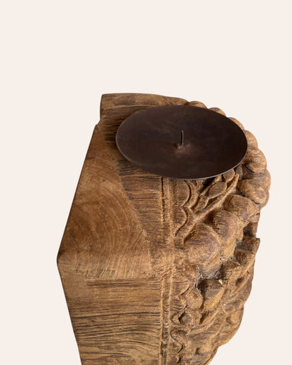 Vintage Wooden Carving Candle Stand on Iron Stand
