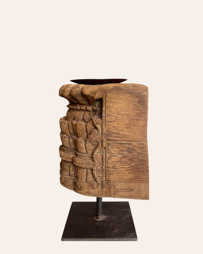 Vintage Wooden Carving Candle Stand on Iron Stand