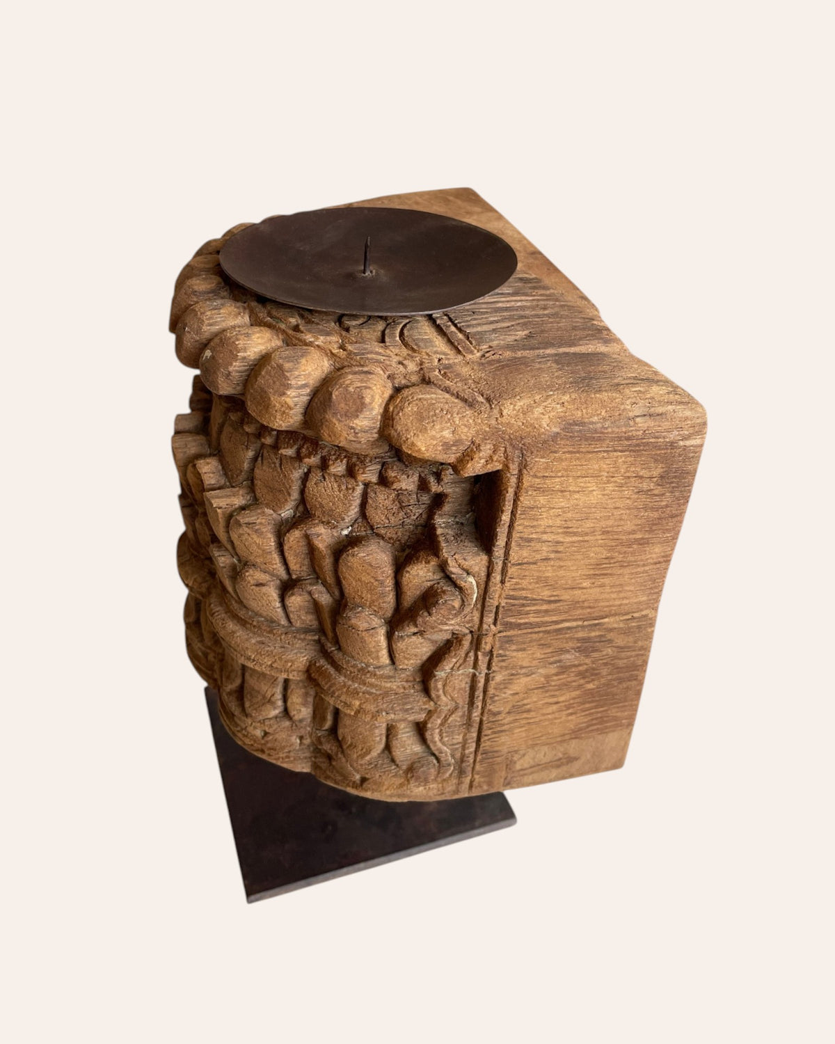vintage wooden carving candle stand on iron stand