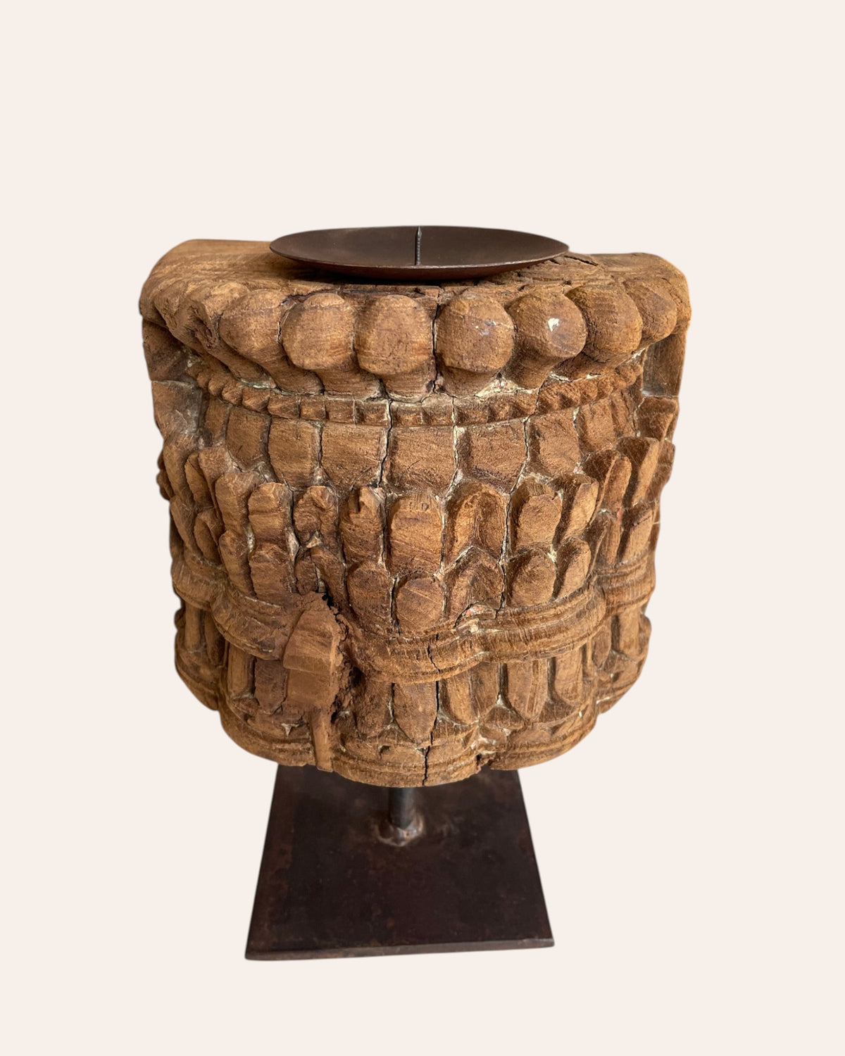 vintage wooden carving candle stand on iron stand