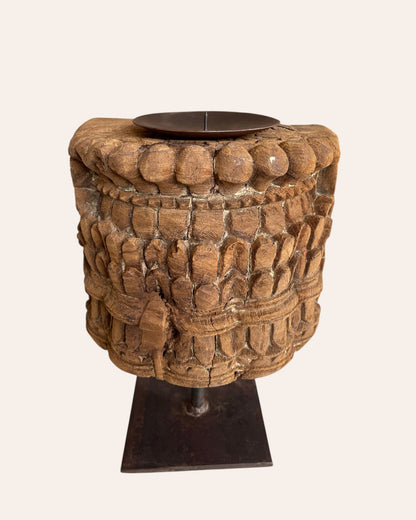 Vintage Wooden Carving Candle Stand on Iron Stand