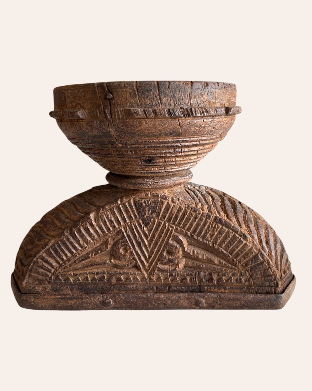 vintage intricately hand-carved wooden bowl candle, planter & statue holder