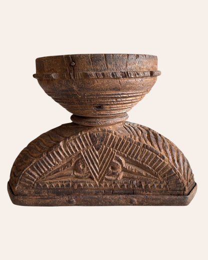 Vintage Intricately Hand-Carved Wooden Bowl Candle, Planter & Statue Holder