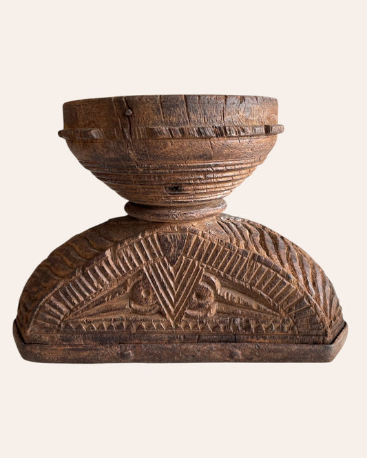 Vintage Intricately Hand-Carved Wooden Bowl Candle, Planter & Statue Holder