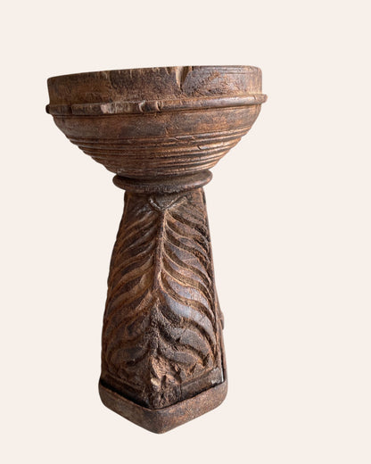 Vintage Intricately Hand-Carved Wooden Bowl Candle, Planter & Statue Holder