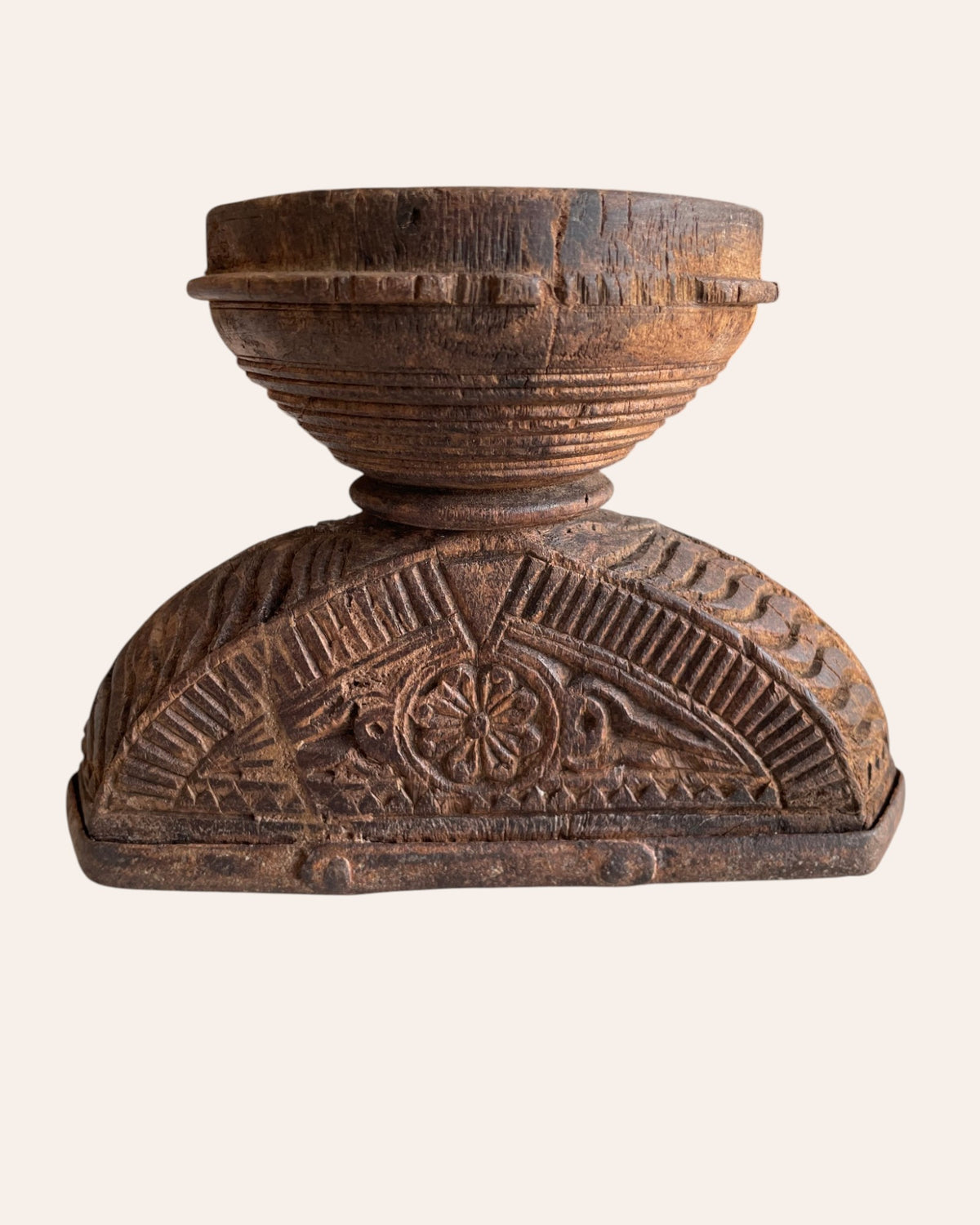 vintage intricately hand-carved wooden bowl candle, planter & statue holder