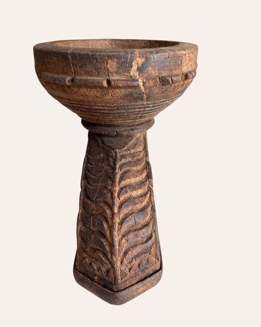 Vintage Intricately Hand-Carved Wooden Bowl Candle, Planter & Statue Holder