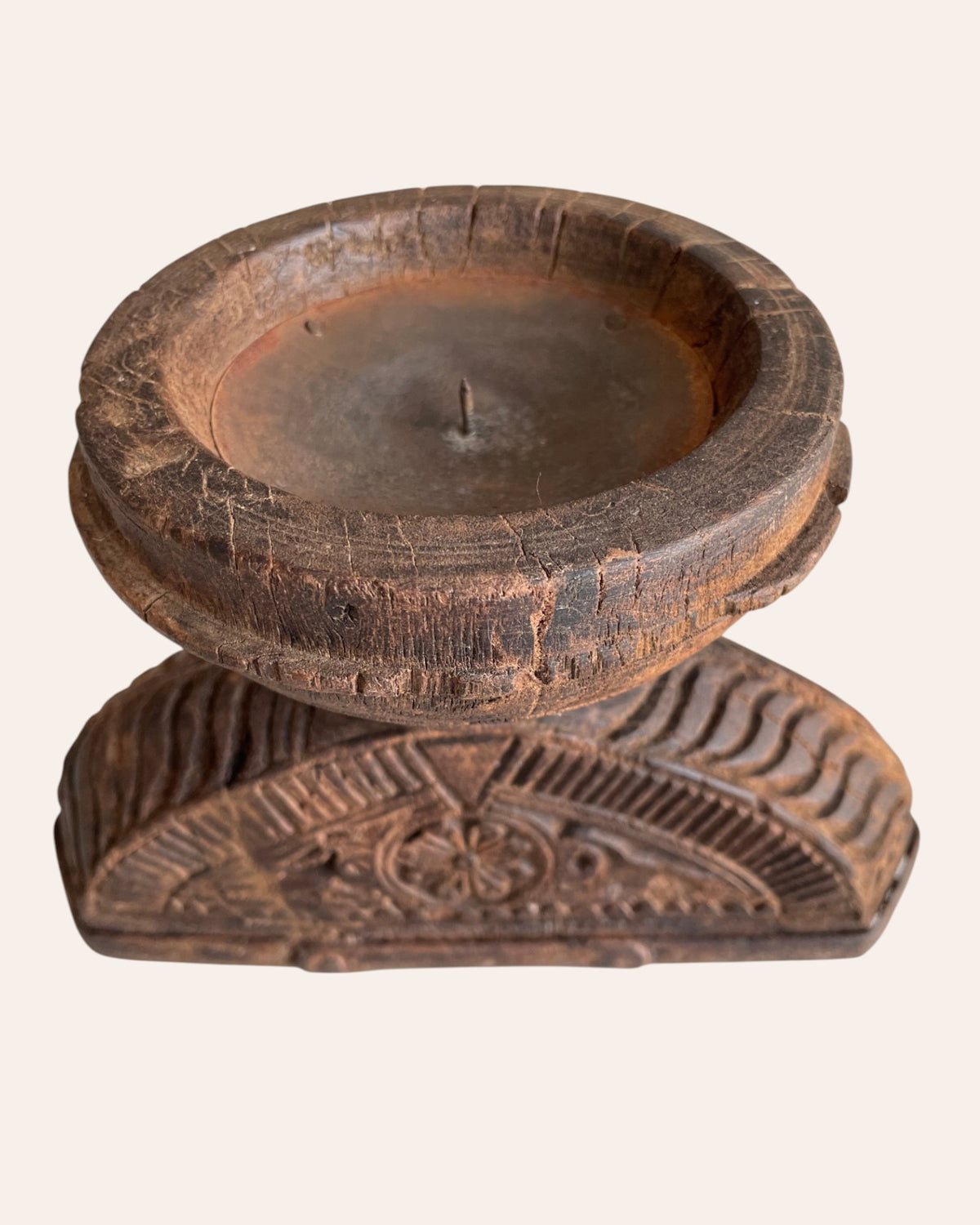 vintage intricately hand-carved wooden bowl candle, planter & statue holder