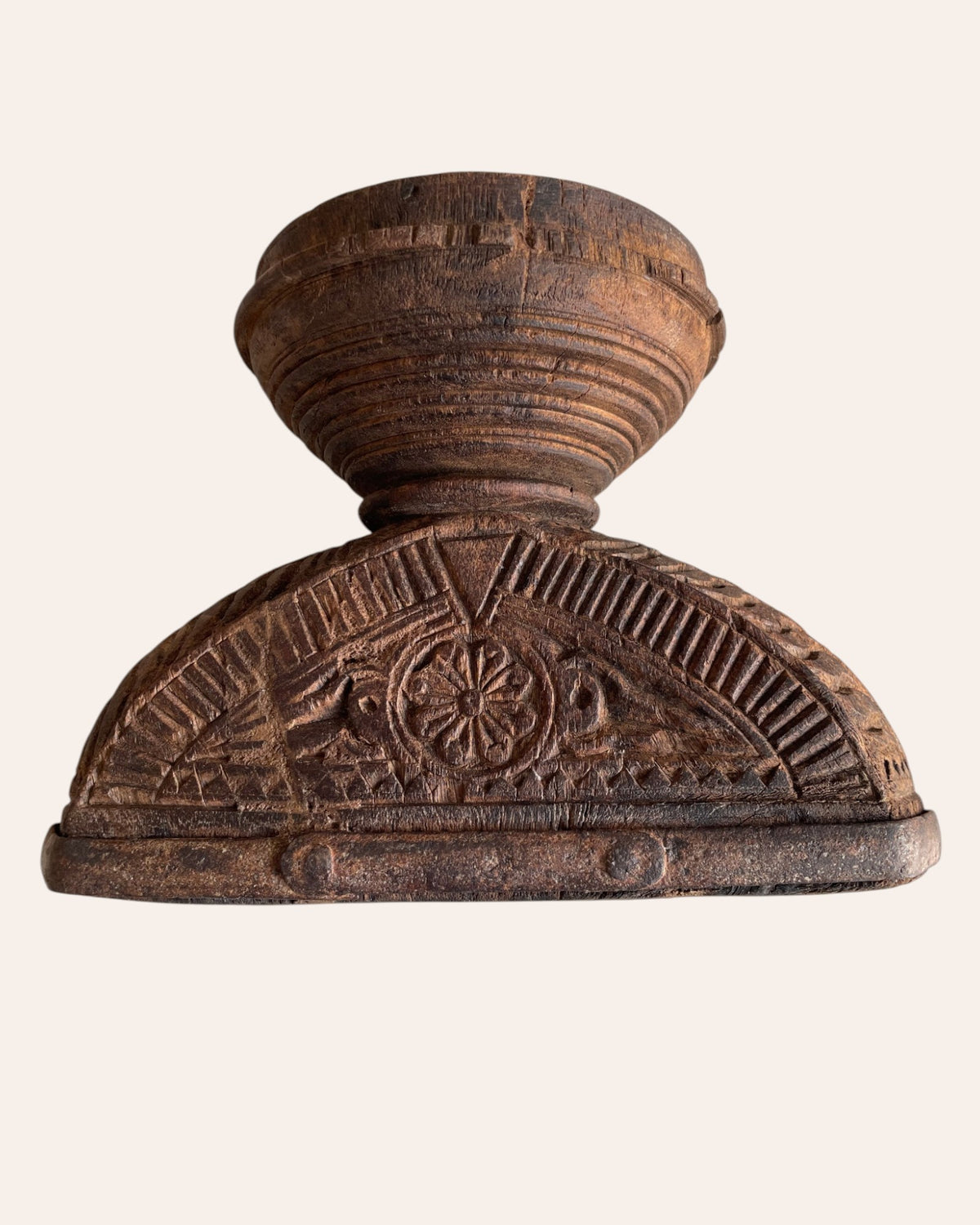 vintage intricately hand-carved wooden bowl candle, planter & statue holder