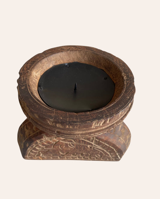 Old Indian Hand-Carved Elephant and Shree Candle, Planter & Statue Holder