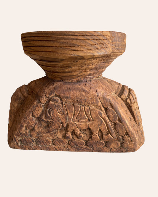 Vintage Hand-Carved Elephant & Floral Bird Wooden Stand