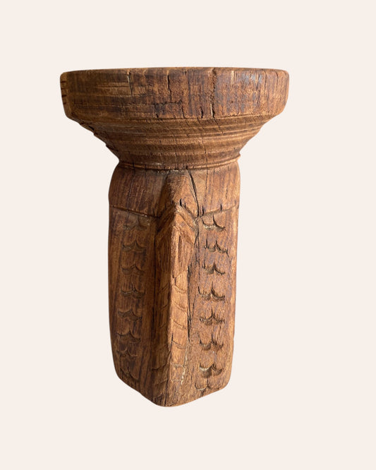 Vintage Hand-Carved Elephant & Floral Bird Wooden Stand