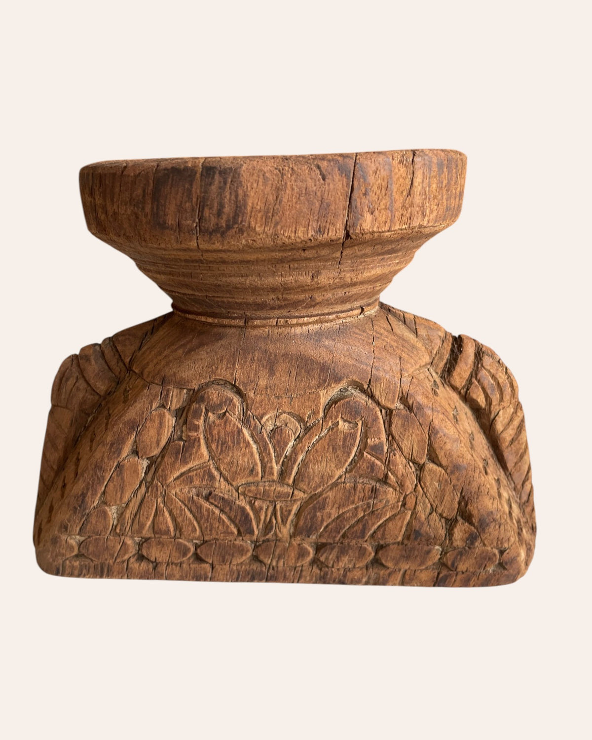 vintage hand-carved elephant & floral bird wooden stand
