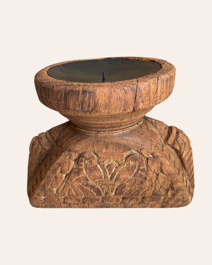 Vintage Hand-Carved Elephant & Floral Bird Wooden Stand