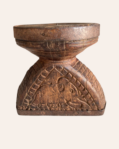 Vintage Hand-Carved Floral & Elephant Wooden Stand