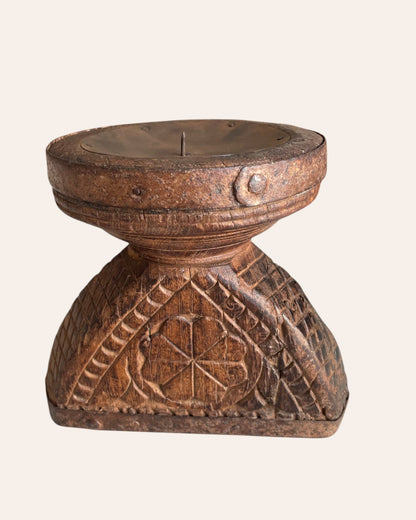 Vintage Hand-Carved Floral & Elephant Wooden Stand